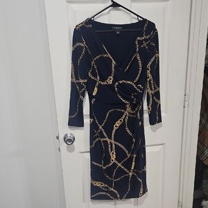 Ralph Lauren Navy and Gold Chain Long Sleeve Dress Size 8